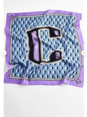 Zara Multicolor alphabet Printed Silk Scarf in Blue, Purple & Cream